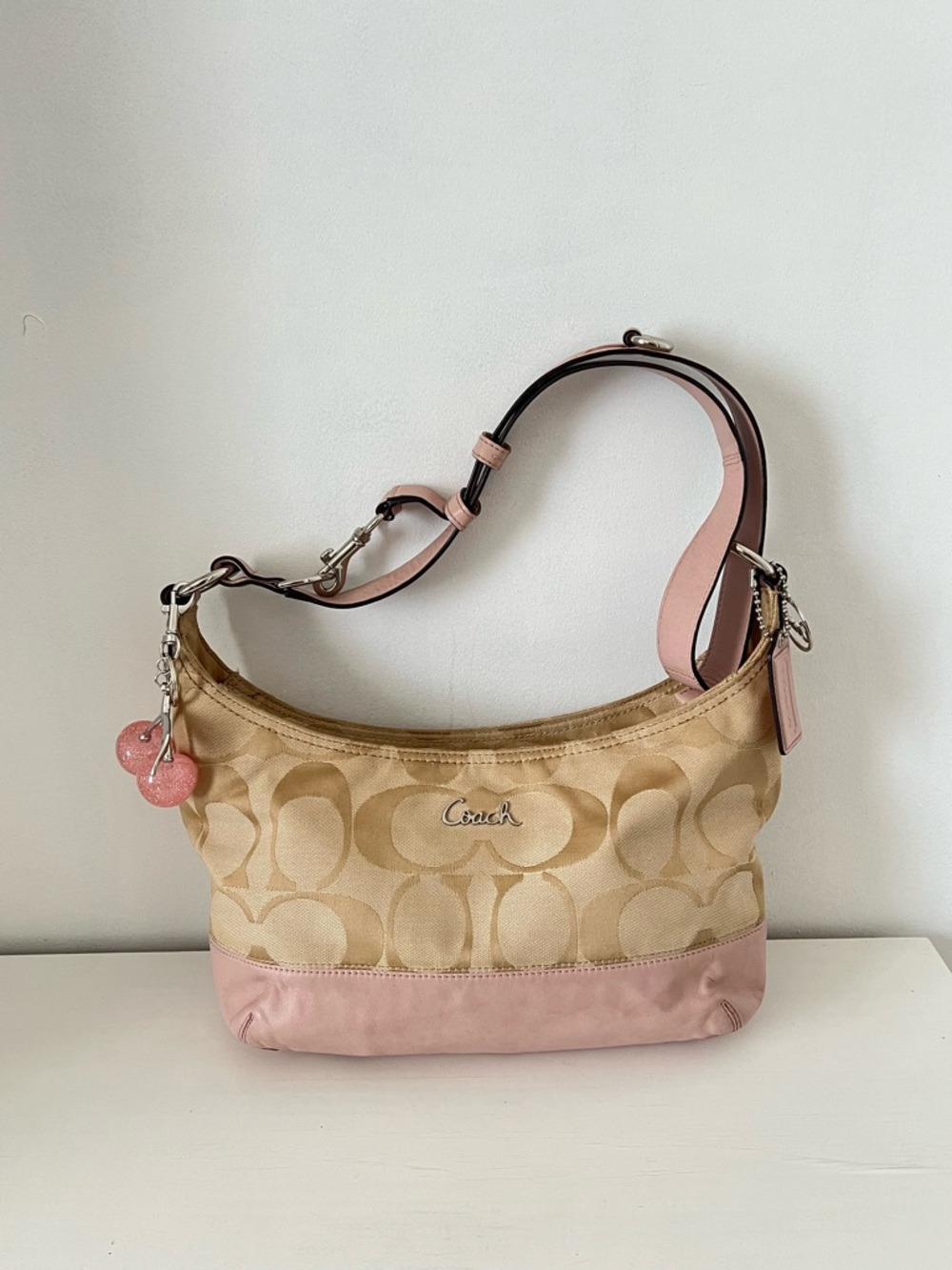 Coach Signature Canvas and Leather Shoulder Bag in Pink and Tan